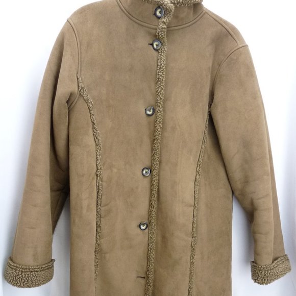 LL Bean Womens Jacket Coat Faux Suede Sherpa Lined Brown Pockets Warm Medium - Picture 1 of 13